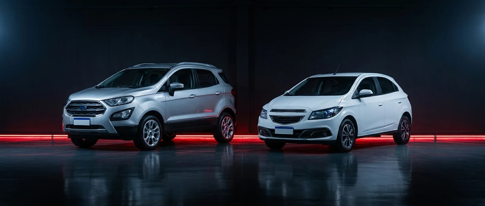 Carro popular e SUV atendidos pela TS Auto Center, em estúdio escuro com iluminação vermelha